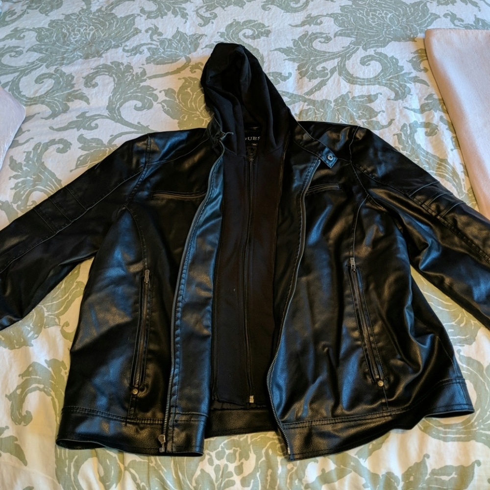Men's Faux Leather Jacket with removable hood